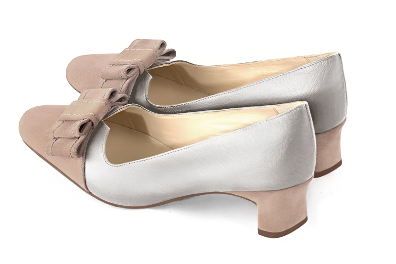 Biscuit beige and light silver women's dress pumps, with a knot on the front. Round toe. Low kitten heels. Rear view - Florence KOOIJMAN
